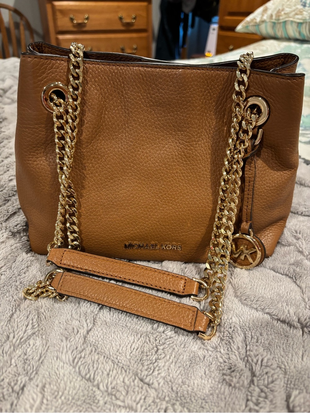 Michael Kors Camel Brown Leather Shoulder Bag with Gold Chain